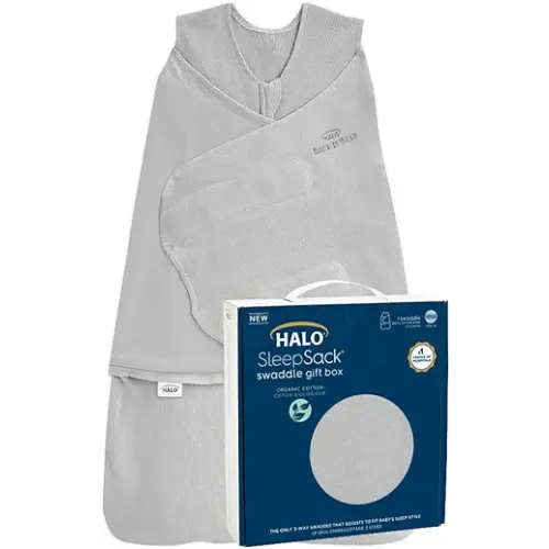 HALO Sleepsack Swaddle 100% Organic Cotton Newborn 1-Piece Gift Set with Box, TOG 1.5, 0-3 Months, Cloud