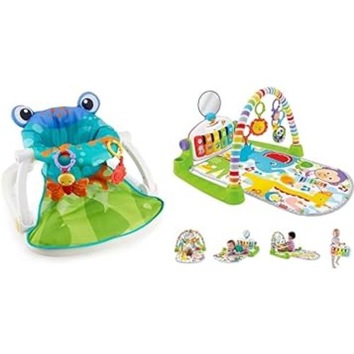 Fisher-Price Baby Portable Chair Sit-Me-Up Floor Seat with BPA-Free Teether and Crinkle -Toy, Froggy Seat Pad & Fisher-Price Baby Playmat Deluxe Kick & Play Piano Gym with Musical -Toy Lights