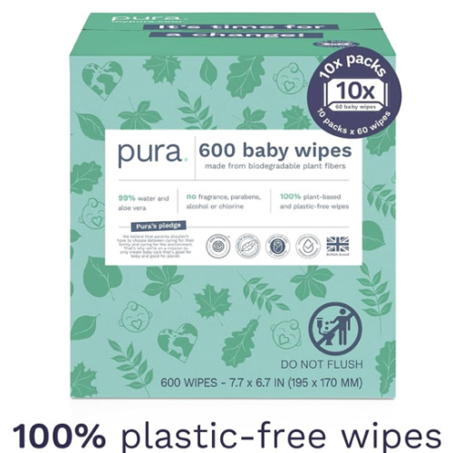 Pura Natural Sensitive Baby Wipes, 99% Water, Unscented & Hypoallergenic, Suitable for Sensitive & Eczema-prone Skin, Hypoallergenic, EWG Verified, 10 Pack of 60 Wet Wipes (600 Diaper Wipes) Bulk Buy