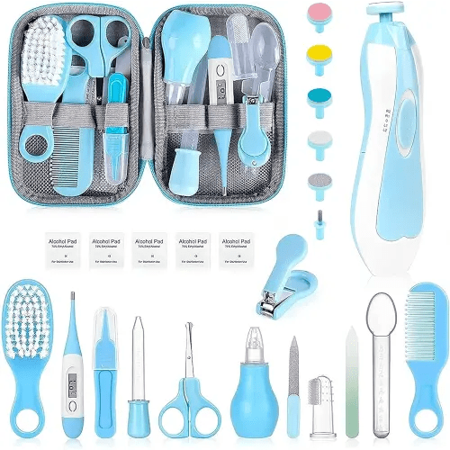 Baby Grooming Kit, Infant Safety Care Set with Hair Brush Comb Nail Clipper Nasal Aspirator,Baby Essentials Kit for Newborn Girls Boys (Blue-25 in 1)