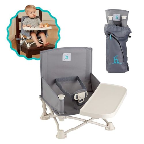 hiccapop OmniBoost Travel Booster Seat with Tray for Baby, Dining Table, Camping, Beach, Grandma’s | Folding Portable Tip-Free Design Straps to Kitchen Chairs - Slate Grey