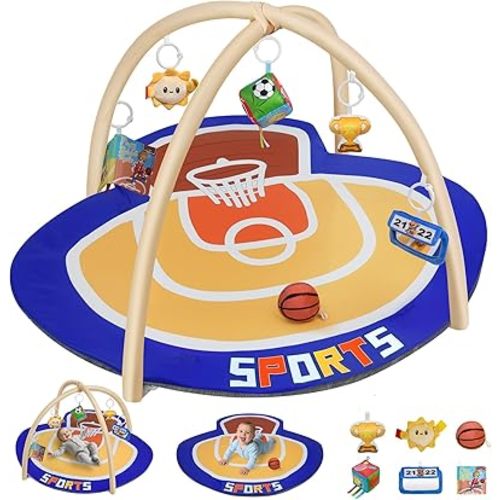 IPOZITO Baby Gym Play Mat, Oversize Basketball Court Shaped Tummy Time Mat, Baby Play Activity Mat for Floor Promote Motor Skill & Sensory Development, Newborn Infant Essentials Gift