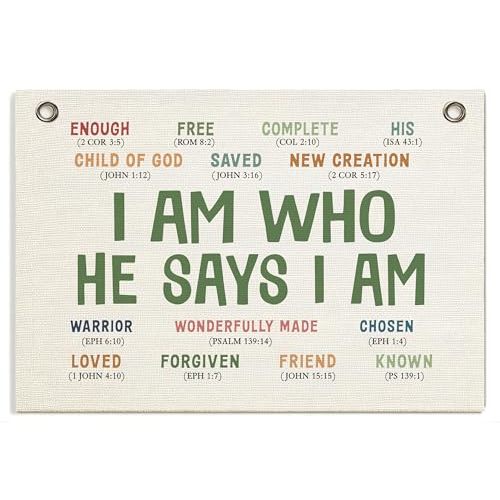 Christian Wall Decor Banner, Inspirational Religious Bible Verse Decor, Canvas Hanging Flag Banner Wall Poster Sign, Positive Growth Mindset Quotes for Kid's Room Classroom Homeschool -I Am Who He Says I am
