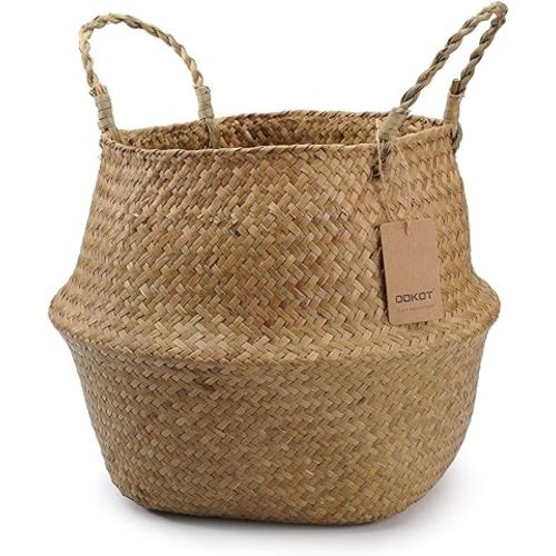 DOKOT Seagrass Plant Basket with Handles, Wicker Woven Storage Basket (8.3inch Diameter x 9inch Height), Natural