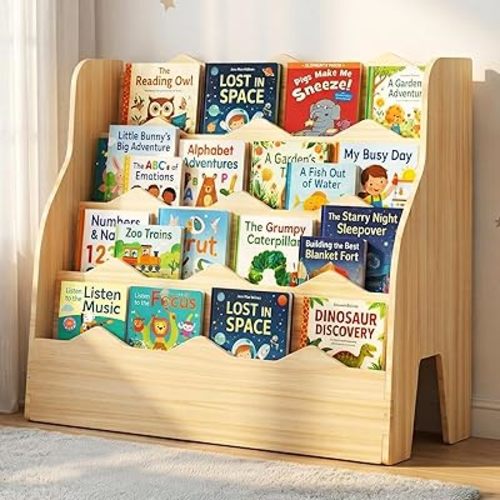 4 Tier Montessori Kids Bookshelf, Wooden Book Shelf for Kids Rooms, 31.5" W x 23.6" H Nursery Toddler Baby Bookcase with Front-Facing Design, Children's Book Storage Organizer for Bedroom Classroom