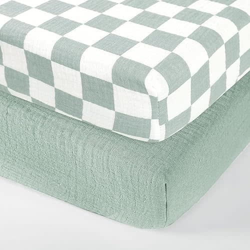 DILIMI Muslin Crib Sheets for Baby Boys and Girls, 2 Packs Ultra-Soft Breathable Baby Crib Sheet for Standard Crib and Toddler Mattress, Green and Checkered