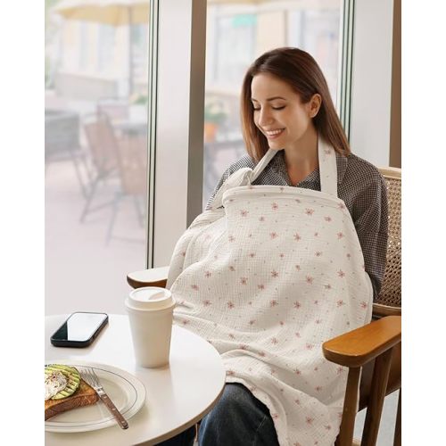 Blissful Diary Muslin Nursing Cover for Breastfeeding, Breathable Breastfeeding Cover up with Arch Neckline for Women, Nursing Apron (Pink Floral)