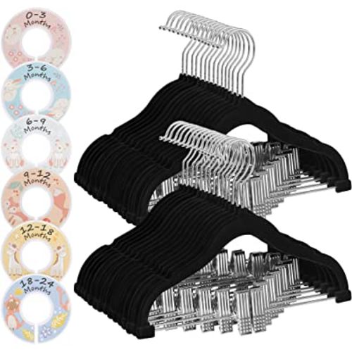 SONGMICS Baby Hangers, 30 Packs Pants Hangers with Clips, Kids Hangers with 6 Clothes Dividers, Non-Slip Children’s Clothes Hangers, Pants Hangers, Black UCRF013B30