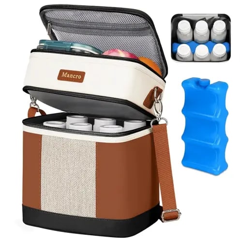 Mancro Breast milk Cooler Travel Bag Fits 6 Bottles Up to 9 Ounces,Double Layer Baby Bottle Cooler Bag with Ice Pack,Insulated Baby Bottle Bags for Daycare & Nursing Moms,Black and Brown