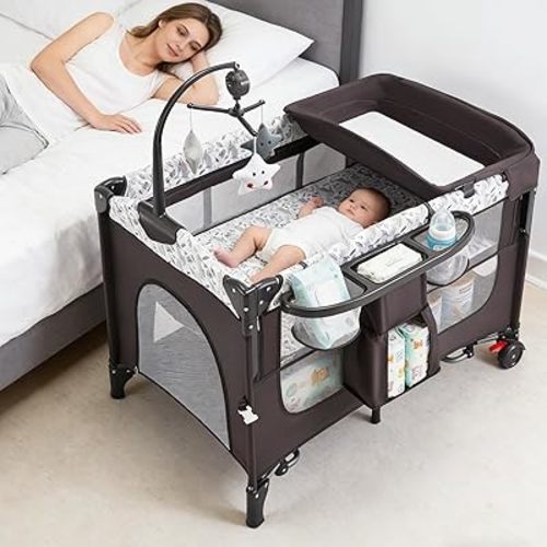 5-in-1 Baby Bassinet Bedside Sleeper with Swing Tube Converts to Cradle, Baby Crib with Mattress, Detachable Diaper Changer, Sound Toy, Free-Installation, Dark Grey