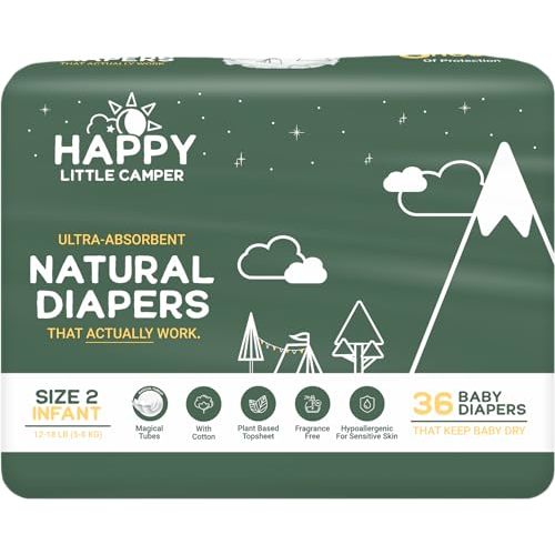 Happy Little Camper Ultra-Absorbent Natural Baby Diapers Size 2 - Hypoallergenic & Chlorine-Free Disposable Diapers Safe for Sensitive Skin - Unscented Infant Diapers - 36 Count