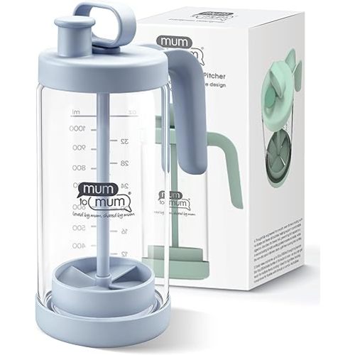 MUM TO MUM 32oz Glass Formula Mixing Pitcher, Microplastic-Free Design, Leak-Proof Breastmilk Storage with Silicone Seal, Dishwasher Safe & Thermal Shock Resistant (Light blue)