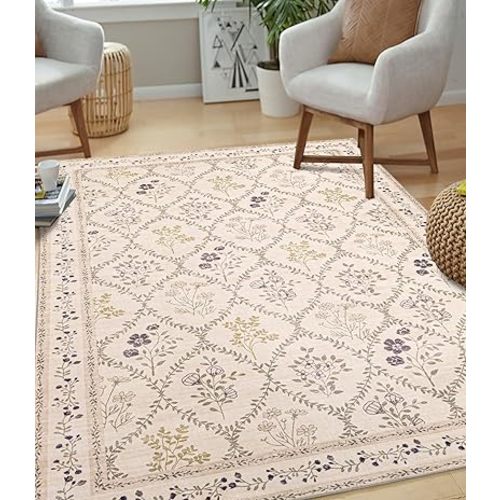 YIHOUSE 5x7 Washable Rug for Bedroom, Beige Floral Rugs for Living Room Non Slip Ultra-Thin Large Boho Rug for Kids Playroom, Classroom, Girls Dorm, Nursery, Beige Multi