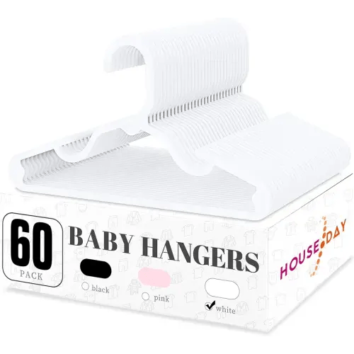 HOUSE DAY Plastic Baby Hangers for Closet 60 Pack, Durable Plastic Kids Hangers for Baby Clothes, Thin & Compact Childrens Hangers, Space Saving White Baby Hangers, Small Hangers for Kids Clothes