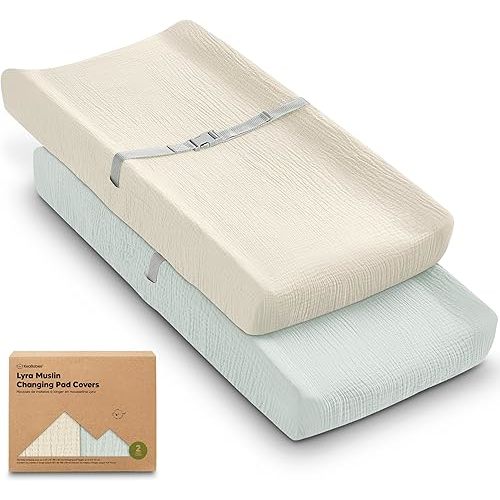 2-Pack Muslin Diaper Changing Pad Covers Boy, Girl – Soft Breathable Muslin Cotton Changing Table Cover, Organic Baby Changing Pad Sheets, Contoured Change Pads Liners Washable 32 x 16 (Willow)