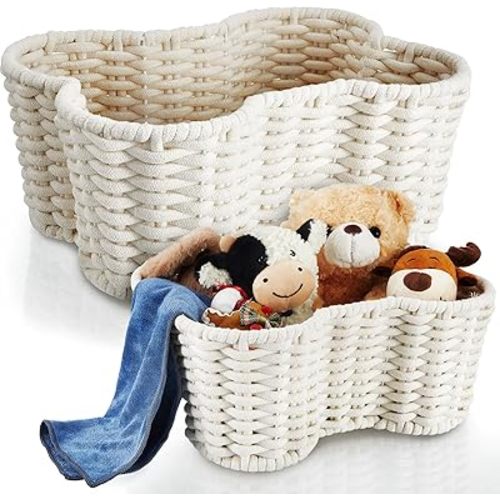Barydat 2 Pcs Dog Toy Basket, Dog Toy Bin,Handmade Dog Toy Box, Cat & Dog Bone Shaped Basket Storage Organizer Cotton Rope Toy Box for Dog White(16.5 x 12.4 x 6.89 and 13.39 x 9.25 x 5.4)