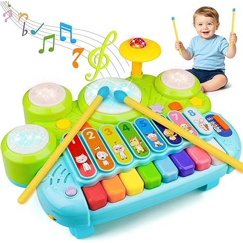 Baby Piano Drum Set for Toddlers, 3-in-1 Baby DJ Table Musical Toys Piano Keyboard Xylophone Drum Instruments for Boys Girls Music & Light Activity Table Babies First Birthday Gifts