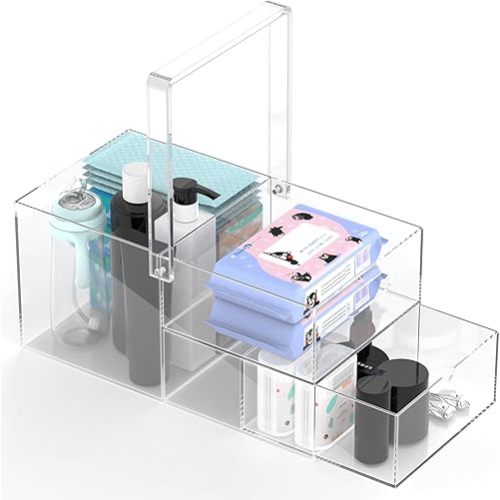 Baby Diaper Caddy Organizer, Portable Acrylic Car Diaper Storage Box with Drawer for Changing Table CLear Nursery Basket