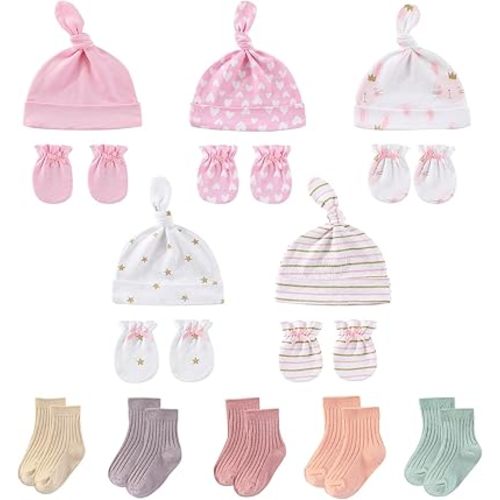 Baby Boy Girl Cotton Hat Mitten Sock Set 15 Pack Infant Essential Accessories for 0-6 Months