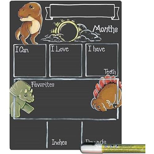 Monthly Milestone Board for Baby with Dinosaur Theme, Reusable Chalkboard Style Surface, and Liquid Chalk Marker, 9 by 12 Inches, White Marker