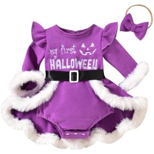 My First Halloween Baby Girl Outfit Pumpkin Romper Dress Long Sleeve Fur Trim Velvet Princess Dresses