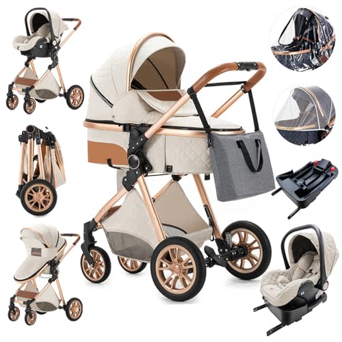 Zkiprm 3 in 1 Stroller, Portable Baby Stroller with Infant Carrier, 3 Mode Newborn Reversible Bassinet, One-Click Folding, Landscape High Aluminum Frame, Baby Carriage Combo (White 3 in1)