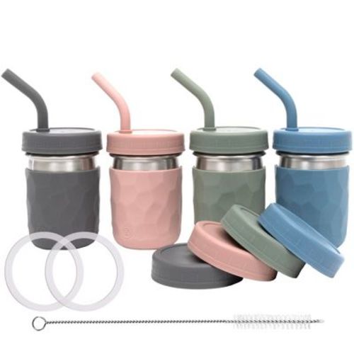 WeeSprout 2-in-1 Drinking Cups for Kids, Durable Stainless Steel Tumblers - 12 oz, Set of 4 (Matte Green, Pink, Blue and Dark Gray)