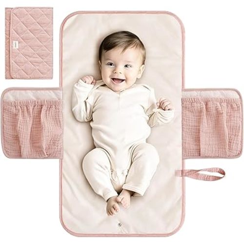 Konssy Muslin Portable Diaper Changing Pad for Baby, Waterproof Portable Changing Pad with Diaper Pockets, Lightweight & Foldable Travel Diaper Changing Mat
