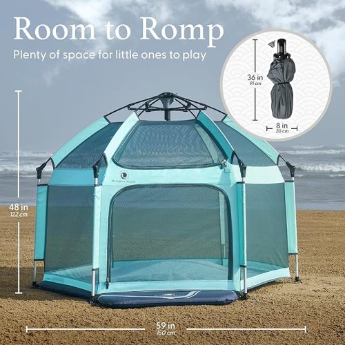 POP 'N GO Baby Playpen - Indoor & Outdoor Playpen for Babies and Toddlers - Baby Beach Tent, Foldable, Portable W/Canopy, Travel Bag, & Mosquito Net - Pop Up Pack and Play Tent (Sweet Mint)