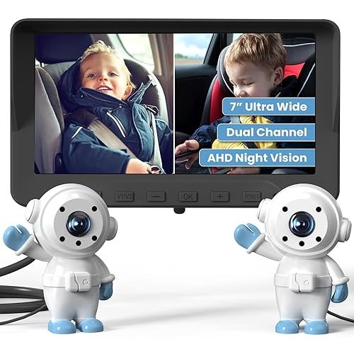 GROWNSY Dual Car Camera Baby Monitor, 7" 1080P AHD Car Camera for 2kids, Backseat Mirror for Baby Rear Facing with Infrared Night Vision, Easily Observe Baby's Every Move
