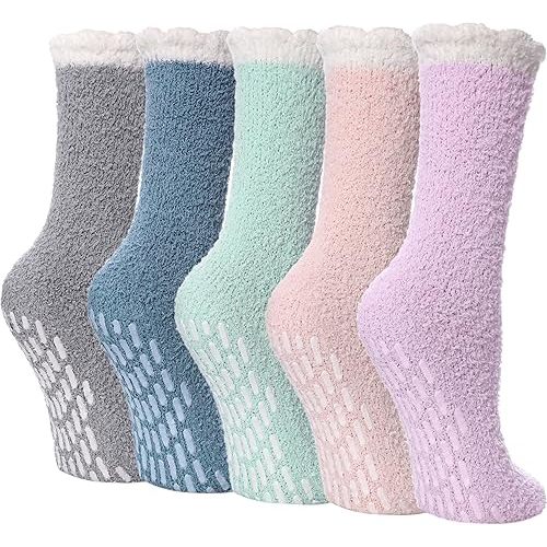 LINEMIN Non-Slip Fuzzy Socks for Women - Cozy Hospital Soft Fluffy Socks With Grips - Winter Warm Slipper