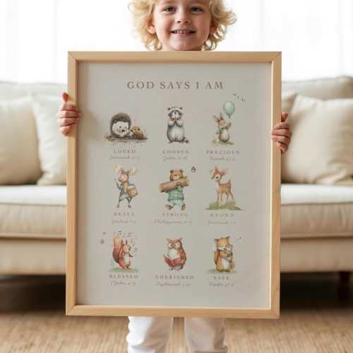 Christian Woodland Nursery Decor, Christian Gift, Kids Biblical Affirmations, Printable Wall art, Kid&#39;s Room, Neutral Nursery, Giraffe - 117