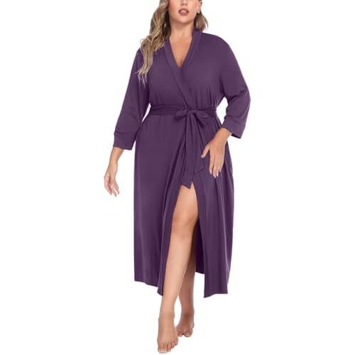 IN'VOLAND Womens Plus Size Kimono Robes Long Knit Bathrobe V Neck Ladies Loungewear Lightweight Soft Sleepwear 1X-5X