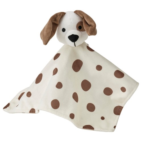 DRÖMSLOTT Comfort blanket with soft toy - puppy-shaped white/brown 30x30 cm