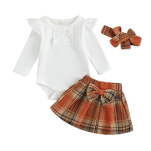 Kuriozud Cute Newborn Baby Girl Fall Winter Outfit Long Sleeve Ruffle Romper Plaid Bow Skirt Set Headband 3 Piece Clothes