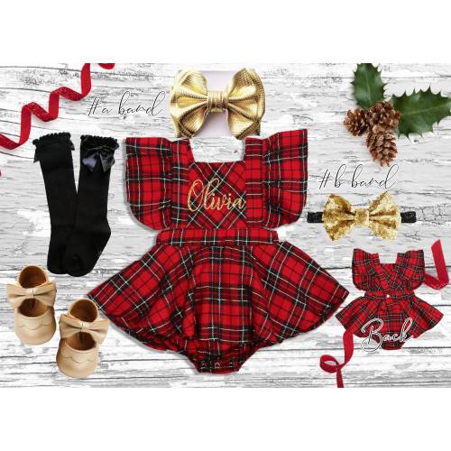 Plaid Christmas girls Outfit, Christmas girl romper, Personalized ruffled red buffalo plaid romper smash cake outfit, red gold plaid romper