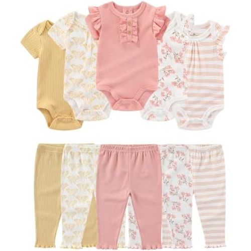 Baby Girl Bodysuit and Pant Set Cotton Ribbed Mix Summer Infant Girls Clothes Outfits 0-12 Month