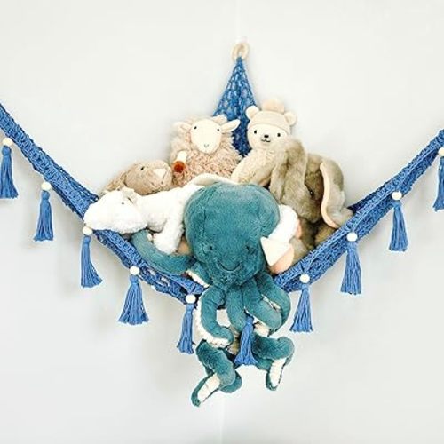 Macrame Toy Hammock for Stuffed Animals - Toy Hammock Net for Stuffed Animals Corner, Blue Nursery Decor, Plush Hammock, Hanging Stuffed Animal Organizer, Deep Sea Blue