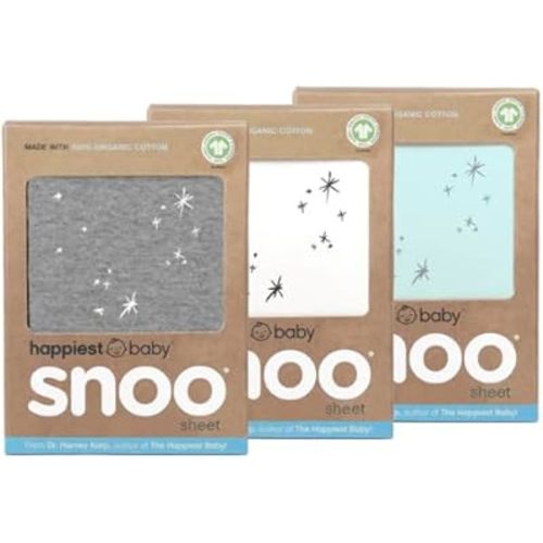 Happiest Baby SNOO Bassinet Fitted Sheet - 100% Organic Cotton Nursery Bedding - Fits SNOO Sleeper Crib Mattress - 3-Pack Bundle (White, Grey, Teal)