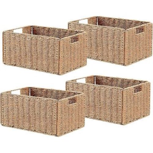4 Pack Storage Baskets,Storage Bins,Weaving Storage with Handle,Foldable Woven Basket for Shelves,Bathroom,Bedroom,Laundry,Pantry,original color