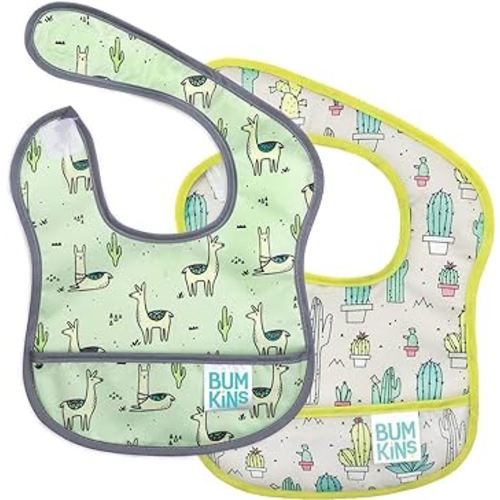 Bumkins Bibs, for Baby Girl or Boy, Infant 3-9 Months, Essential Must Have for Eating, Feeding, Baby Led Weaning, Mess Saving Waterproof Soft Fabric, Starter Bib 2-pk Cactus and Llama Green