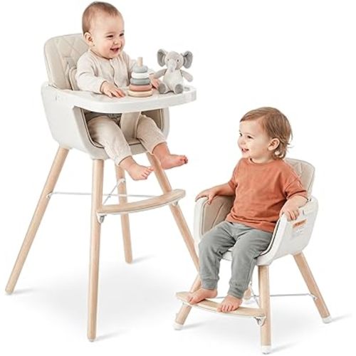 Mallify 3-in-1 Wooden High Chair, Convertible High Chairs for Babies and Toddlers, Baby Highchair with Adjustable Legs & Dishwasher-Safe Tray, Sleek Hardwood & Premium PU Cushion, Beige