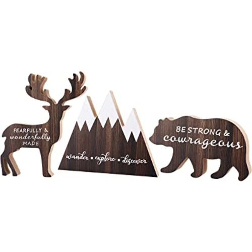 Jetec 3 Sets Wooden Mountain Decor Woodland Inspirational Quote Wooden Sign Wander Explore Discover Neutral Nursery Table Decor Centerpiece Wooden Mountain Deer Bear Decor for Room Decor