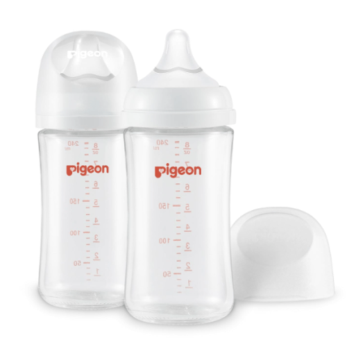 Pigeon Glass Nursing Bottle Wide Neck, Anti-Colic, Streamlined Body, Natural Feel, Easy to Clean, Heat-Resistant, 8.1 Oz(Pack of 2), Includes 2pcs M Nipples (3m+)
