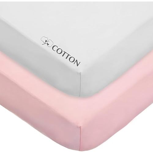 American Baby Company 2 Pack 100% Natural Cotton Fitted Crib Sheets 52" x 28" - Soft, Breathable, Hypoallergenic & Gentle Toddler Bed Sheets, Pink and White, Neutral for Boys & Girls