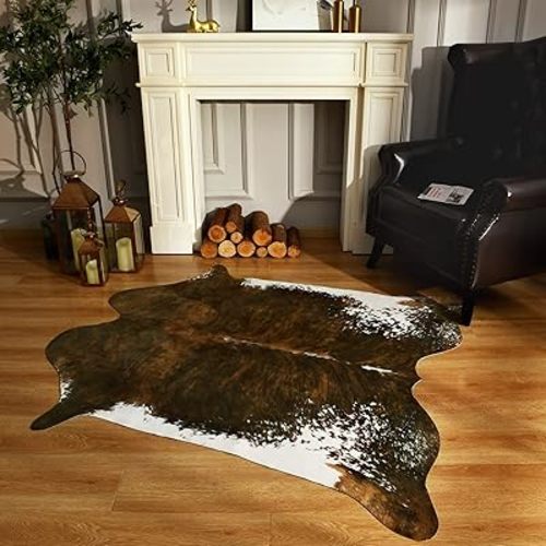 BENRON Faux Cowhide Rug, Western Cow Hide Rugs for Living Room Bedroom Home Decor, Non Slip Cute Rug with Irregular Animal Skins and Hides, Olive Green, 5.2 x 6.2ft