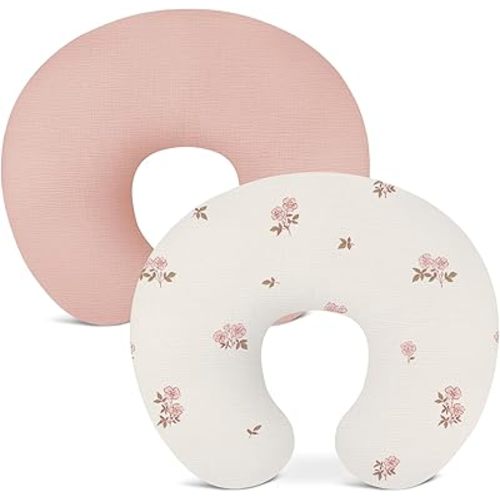 Nursing Pillow Covers 2 Pack, Muslin Nursing Cover for Breastfeeding Pillows, Comfortable for Baby Girls and Boys (Flower G & Pink)