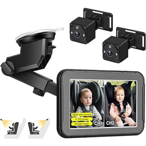 Baby Car Mirror, 1080P HD with 2 IR Night Vision Camera, 5 inch Dual-Channel Split Screen Display Car Mirror, 360° Adjustable Clear Car Baby Mirror Camera for Rear Facing Seat Backseat, Easy Install