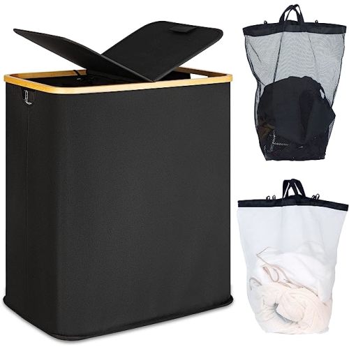Laundry Hamper with Lid, Double Laundry Hamper with 2 Removable Bags, 2 Section Laundry Basket with Bamboo Handles for Bathroom, Bedroom & Laundry Room, 140L (36.9 Gallon) Black