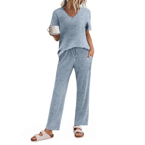 JiniGolla Women's Ribbed Knit Pajama Set 2 Piece Matching Pj Set Short Sleeve Top and Pants Lounge Set with Pockets